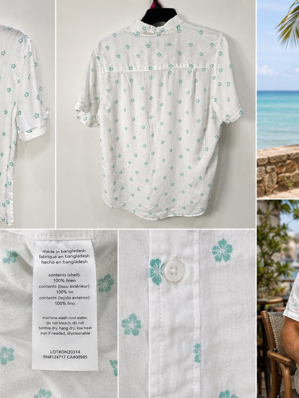 Onia Shirt Men's Large White 100% Linen Vacation Liberty Floral Coastal Resort